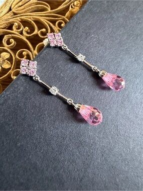 Vintage 925 Sterling Silver Pink Crystal Teardrop Dangle Earrings